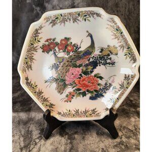 Vintage Seizan Gamma Japanese Porcelain Hexagon Plate With Peacock & Floral